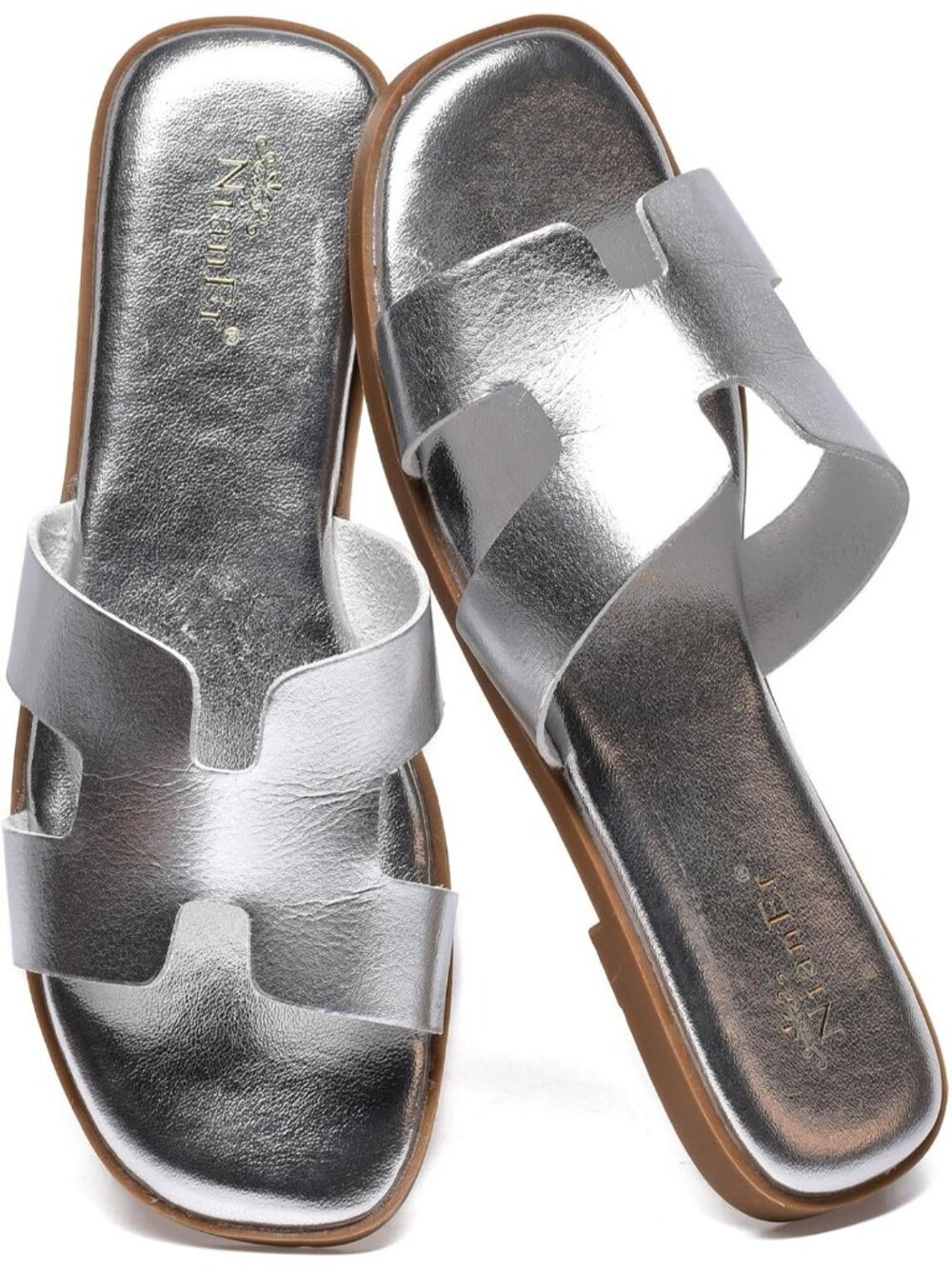NianEr Women's Silver Leather Comfortable Casual Summer Flats Sandals Shoes